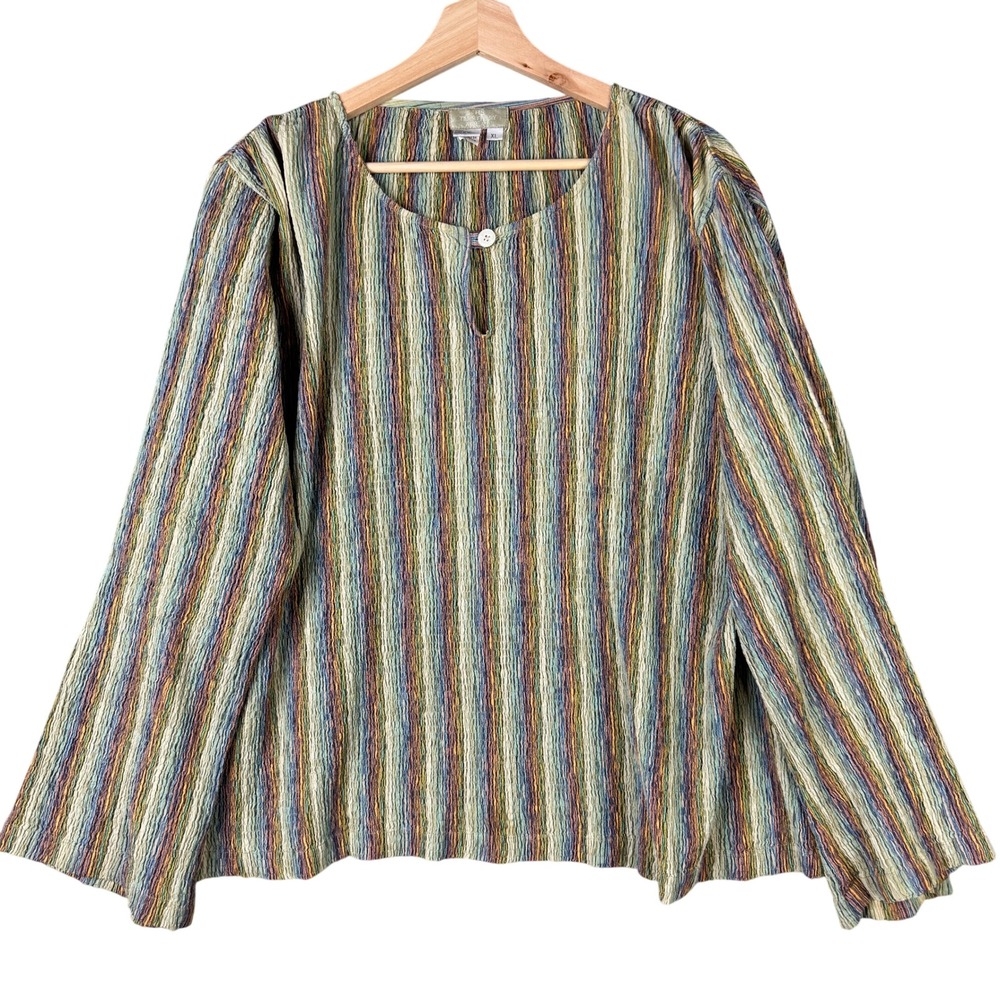 The Territory Ahead XL Striped Seersucker Crinkle Cotton Keyhole Blouse Top